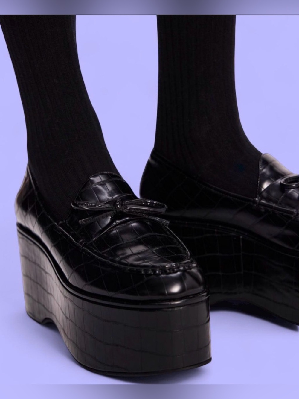 Black Croc-Embossed Platform Loafers
